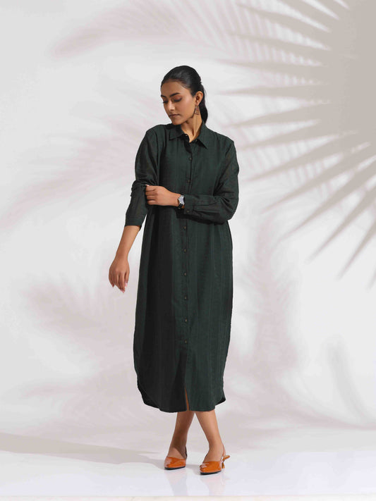trueBrowns Green Cotton Shirt Dress | Swadesiicart