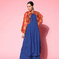 InWeave Women's Ink Blue Strappy Set With Pink Mustard Print Short Organza Cape - Swadesiicart