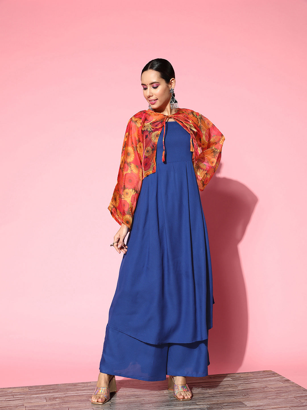 InWeave Women's Ink Blue Strappy Set With Pink Mustard Print Short Organza Cape - Swadesiicart