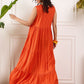 InWeave Orange V Neck Sleeveless Long Tiered Dress - Swadesiicart