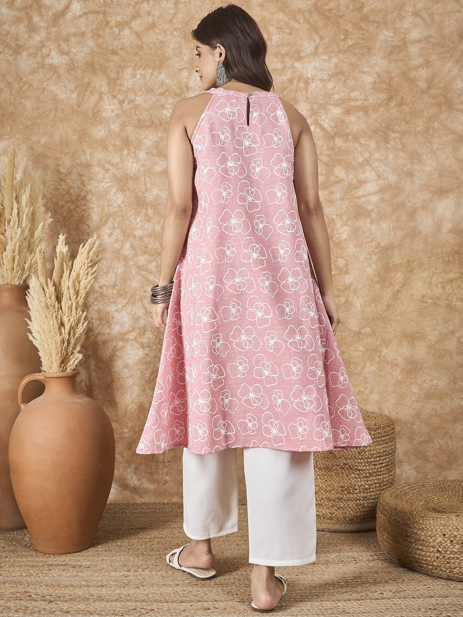 InWeave Pastel Peach V Neck Aline Kurta Set - Swadesiicart