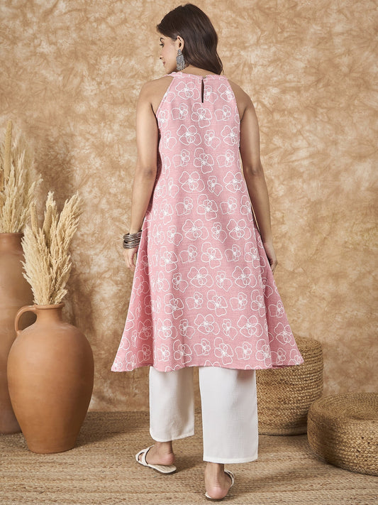 InWeave Pastel Peach V Neck Aline Kurta Set - Swadesiicart