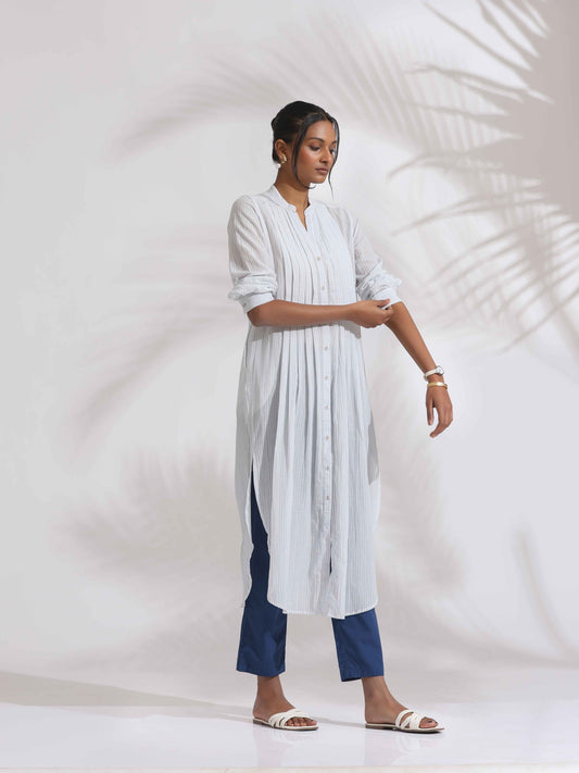 trueBrowns White Cotton Stripe Pleated Shirt Kurta Set | Swadesiicart