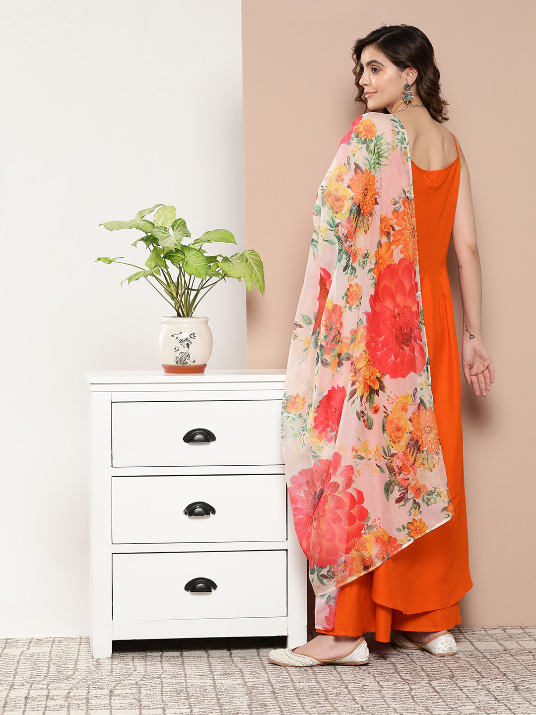 InWeave Women's Orange Strppy Set With Red Big Floral Print Dupatta - Swadesiicart