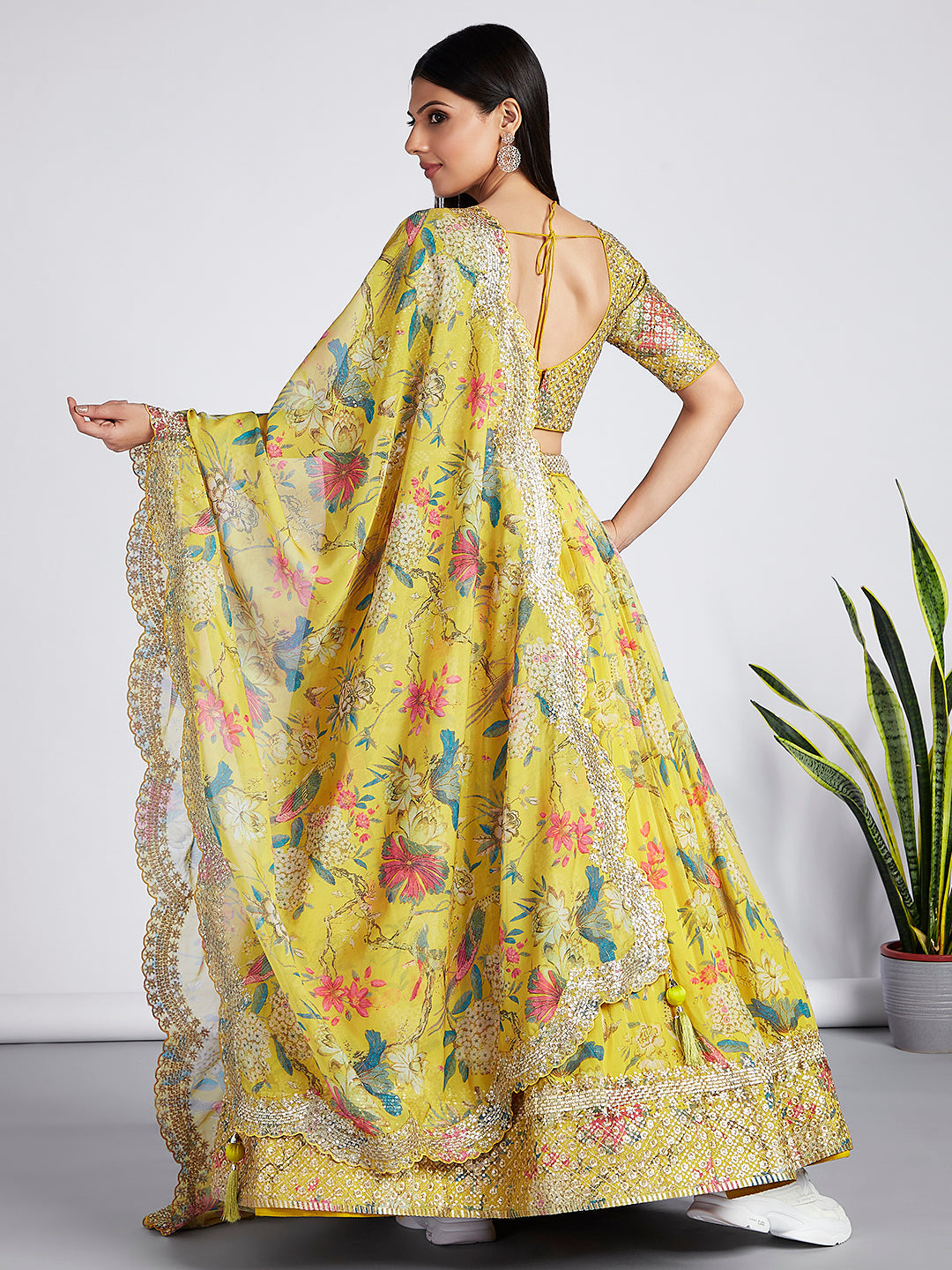 House of Panchhi Mustard Colour Organza Floral Design Digital Print Lehenga Choli & Dupatta | Swadesiicart