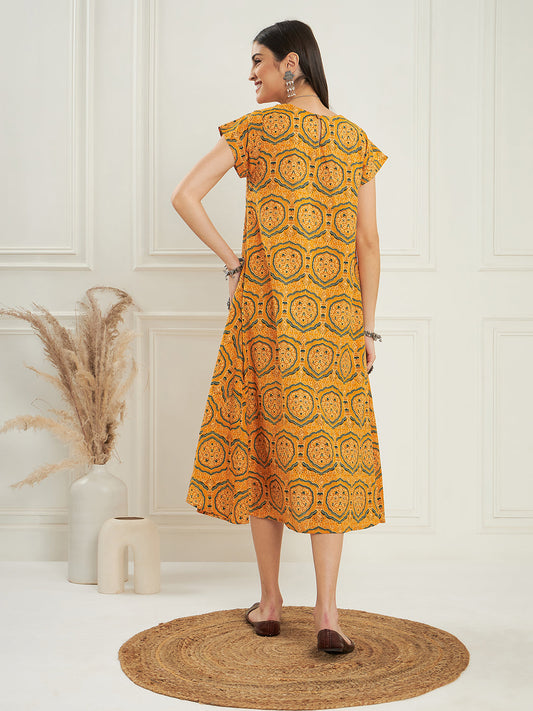 InWeave Women's Haldi Yellow Mughal Kalamkari A Line Dress - Swadesiicart