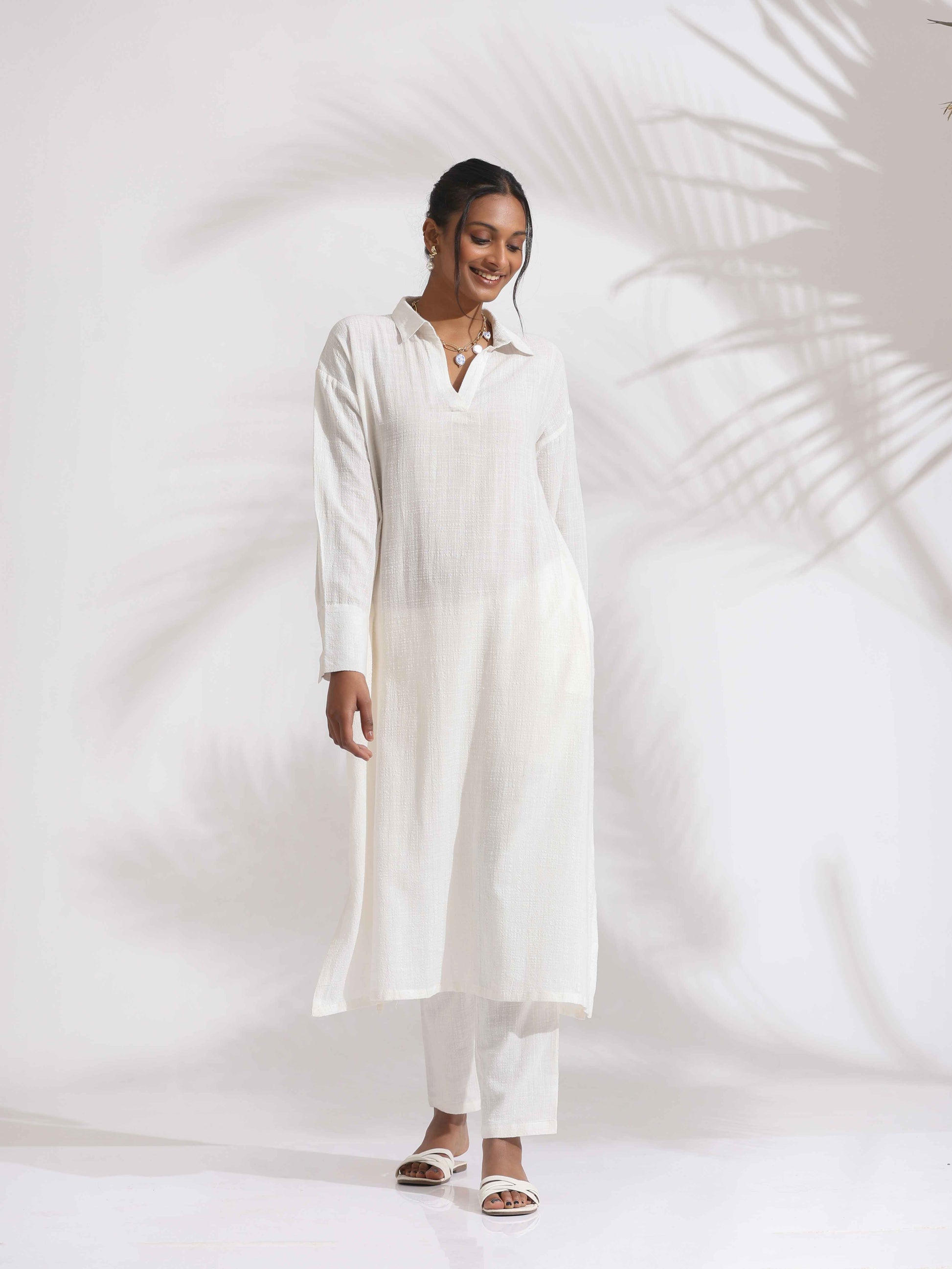 trueBrowns White Cotton A-line Kurta Set | Swadesiicart