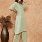 InWeave Women's Sage Green Kantha Lace Wrok Kimono Sleeve Kurta Set - Swadesiicart