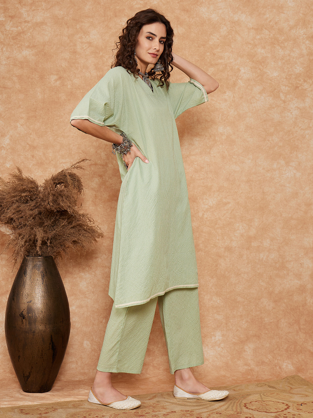 InWeave Women's Sage Green Kantha Lace Wrok Kimono Sleeve Kurta Set - Swadesiicart