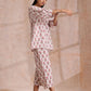 trueBrowns Pink Brown Buta On White Block Print Cotton Baggy Sleeve Co-Ord Set - Swadesiicart