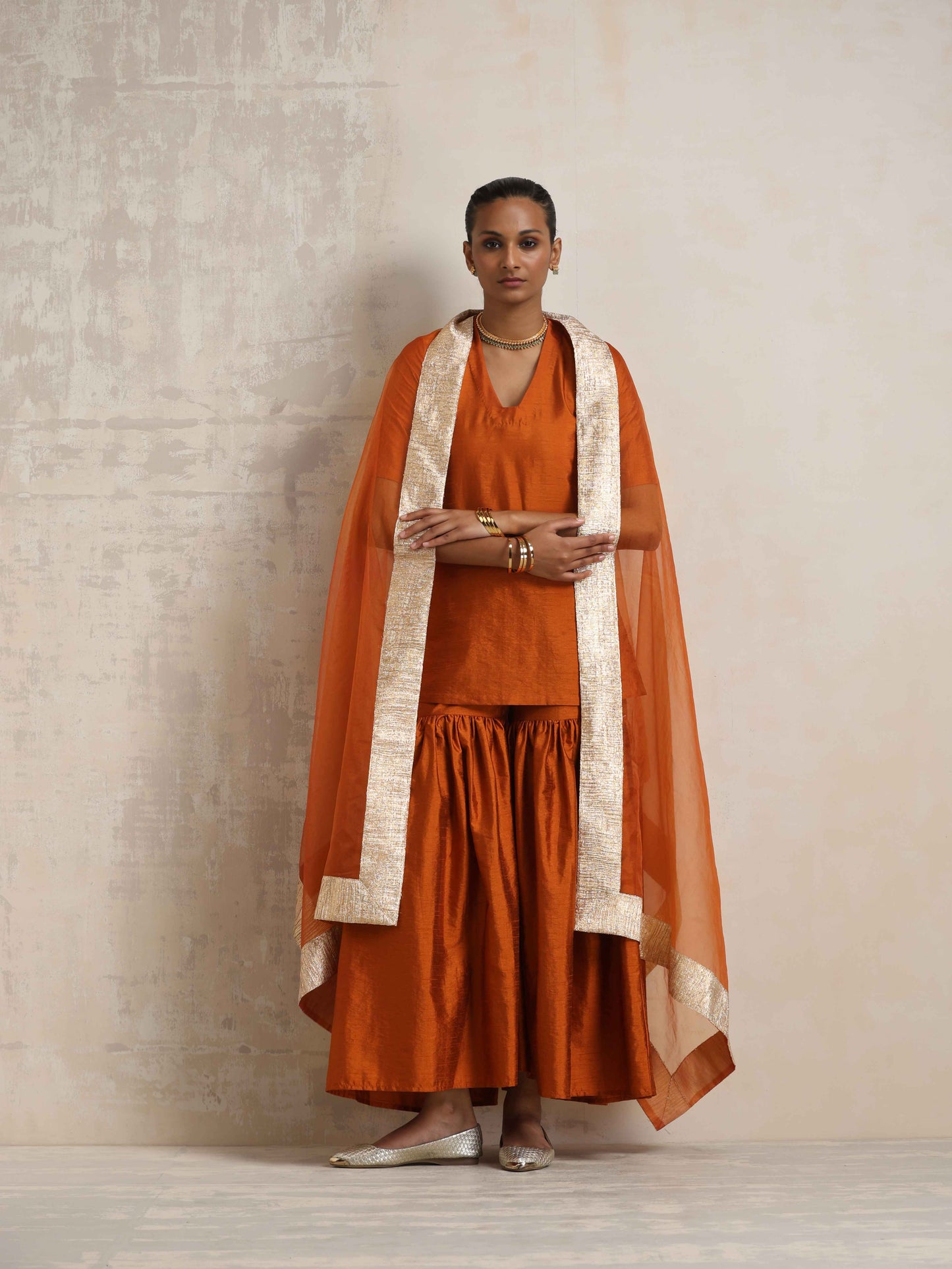 trueBrowns Orange Silk Sharara Dupatta Set | Swadesiicart