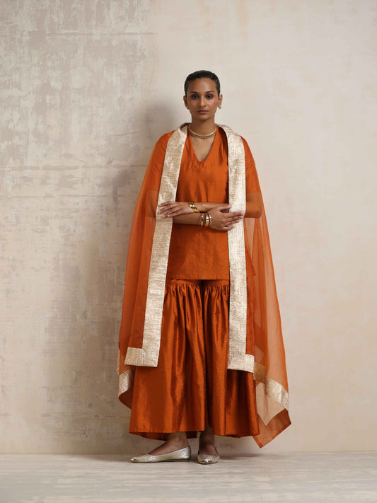 trueBrowns Orange Silk Sharara Dupatta Set | Swadesiicart