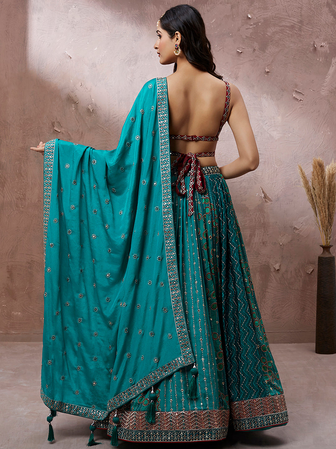 House of Panchhi Printed Embroidery Teal Georgette Sequin Lehenga Choli | Swadesiicart