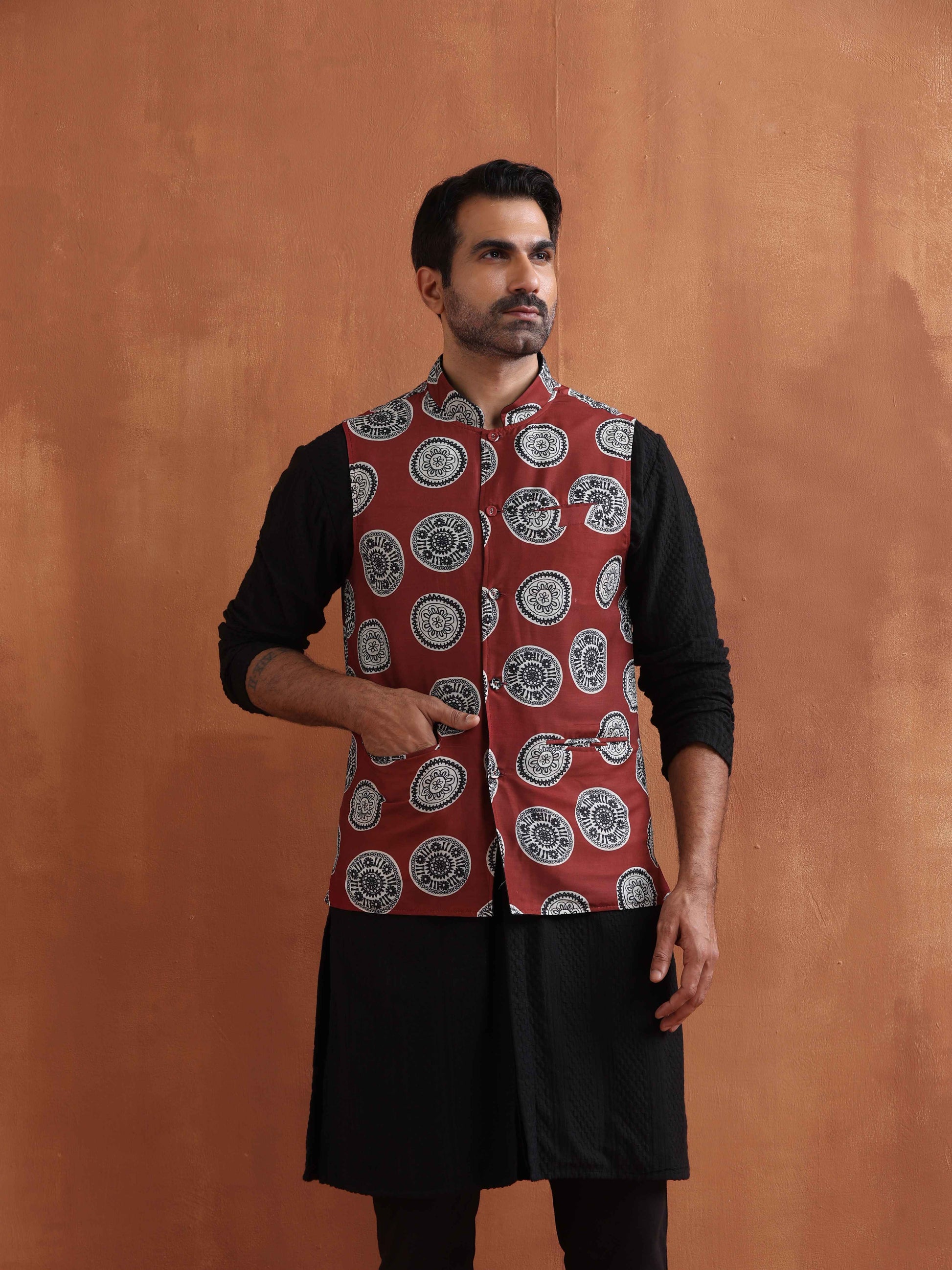 trueBrowns Men's Rust Printed Nehru Jacket | Swadesiicart