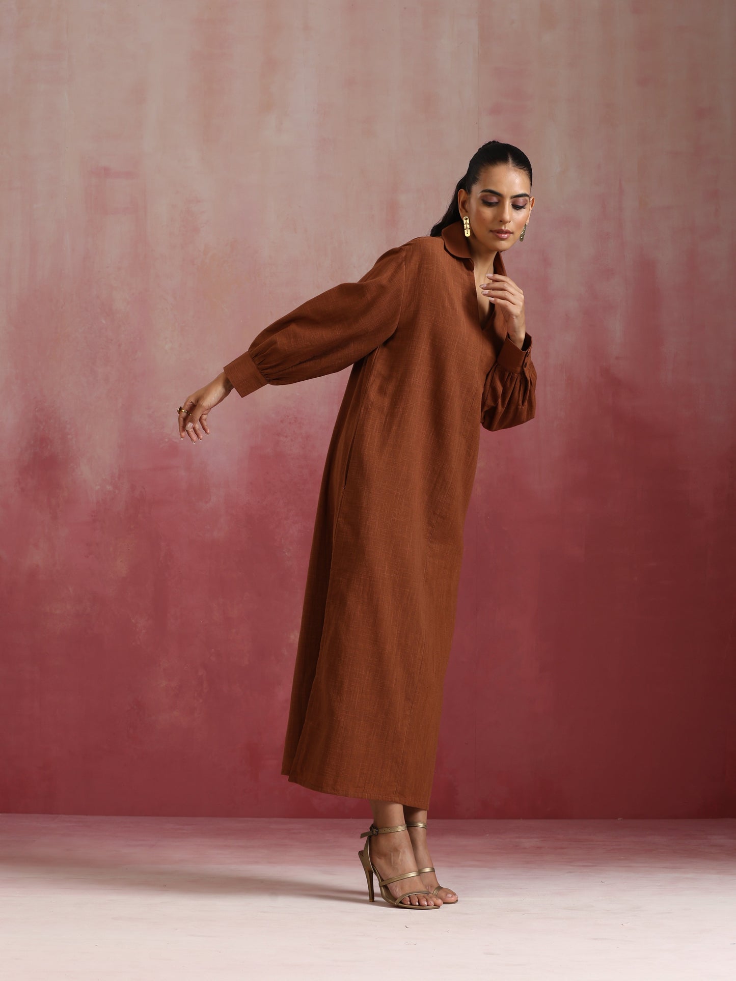 trueBrowns Brown Cotton Dobby Dress | Swadesiicart