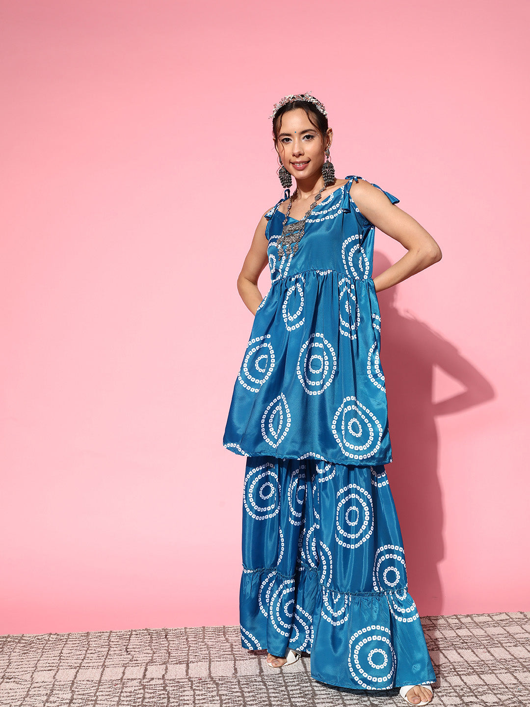 InWeave Women's Blue Bandhani Motif Shoulder Tie Up Kurta Set - Swadesiicart
