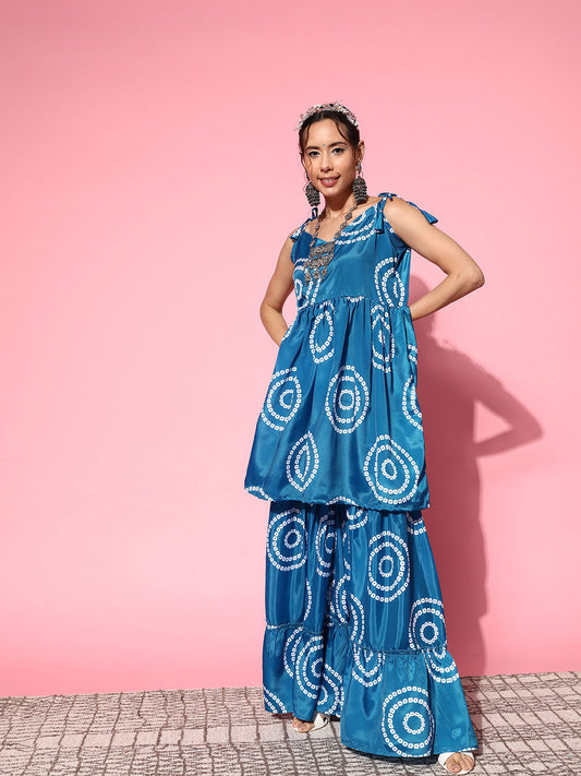 InWeave Women's Blue Bandhani Motif Shoulder Tie Up Kurta Set - Swadesiicart