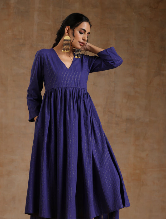 trueBrowns Spectrum Blue Gold Cotton Kalidar Kurta Set | Swadesiicart
