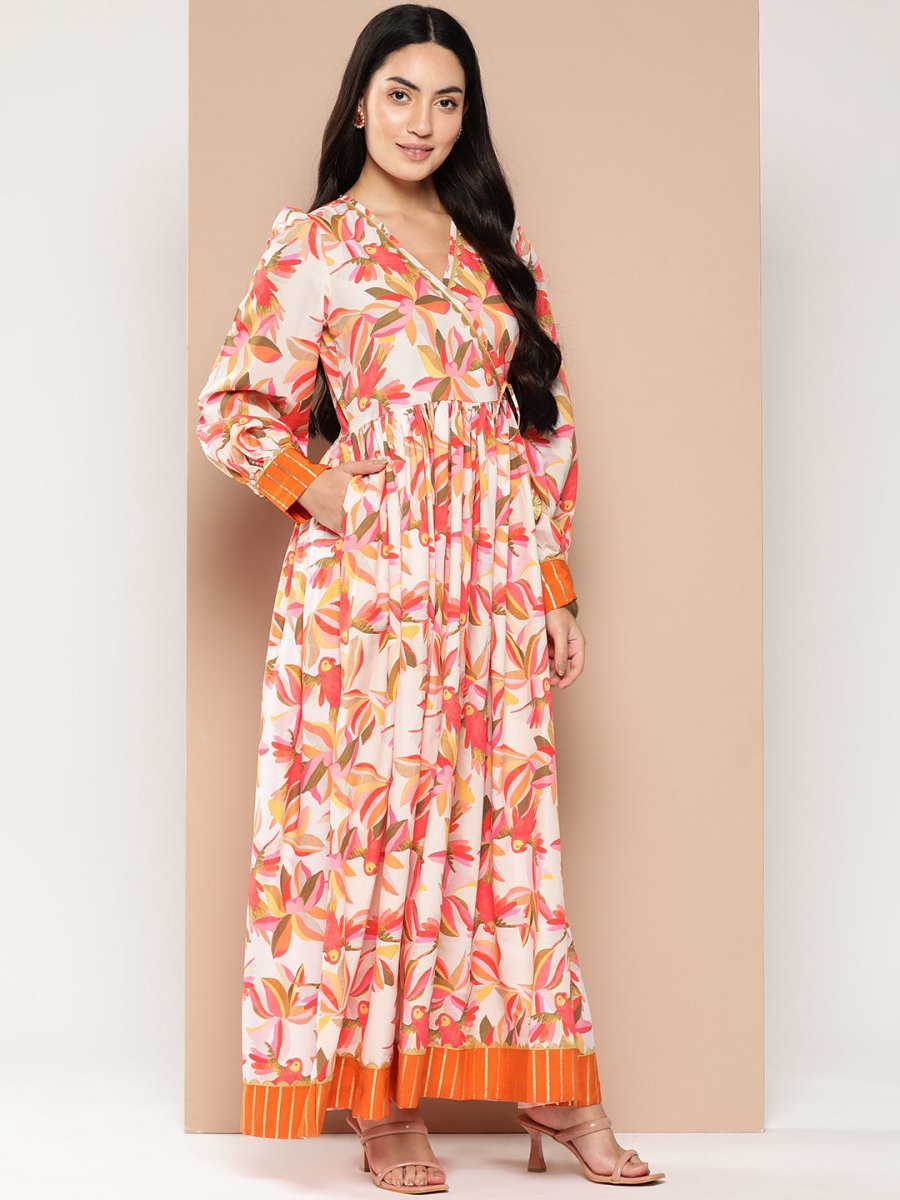 Ahalyaa Floral Printed Tie-Ups Crepe Empire Ethnic Dress | Swadesiicart