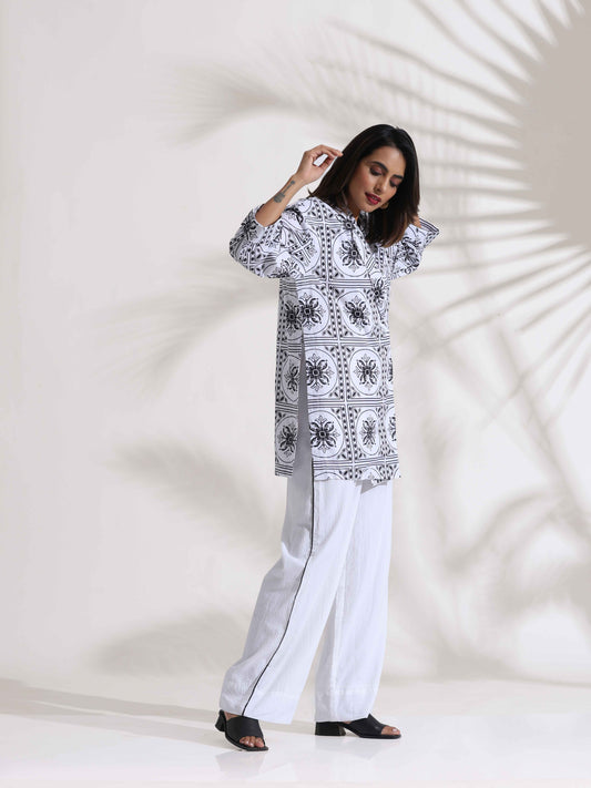 trueBrowns White Cotton Print Jacket Co-ord Set - Swadesiicart