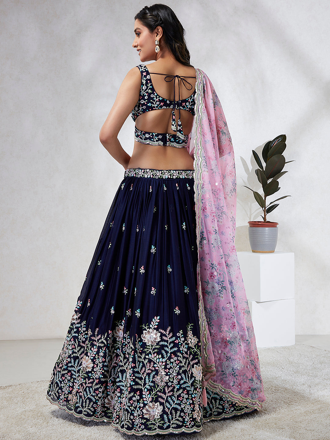 House of Panchhi Navy Blue Georgette Sequins, Mirror And Thread Embroidery Lehenga Choli & Dupatta | Swadesiicart
