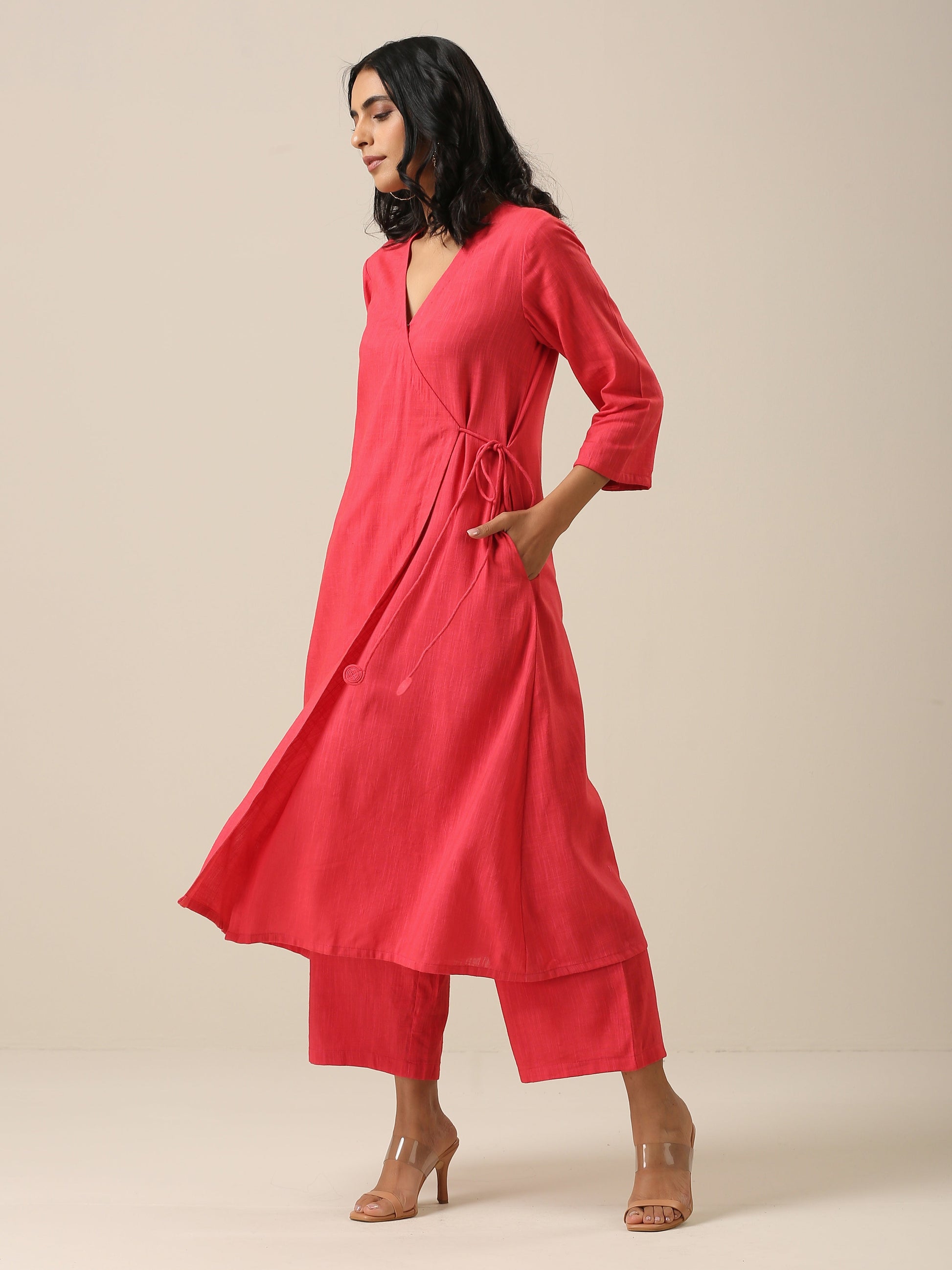 trueBrowns Bright Pink Slub Texture Angrakha Pant Set | Swadesiicart