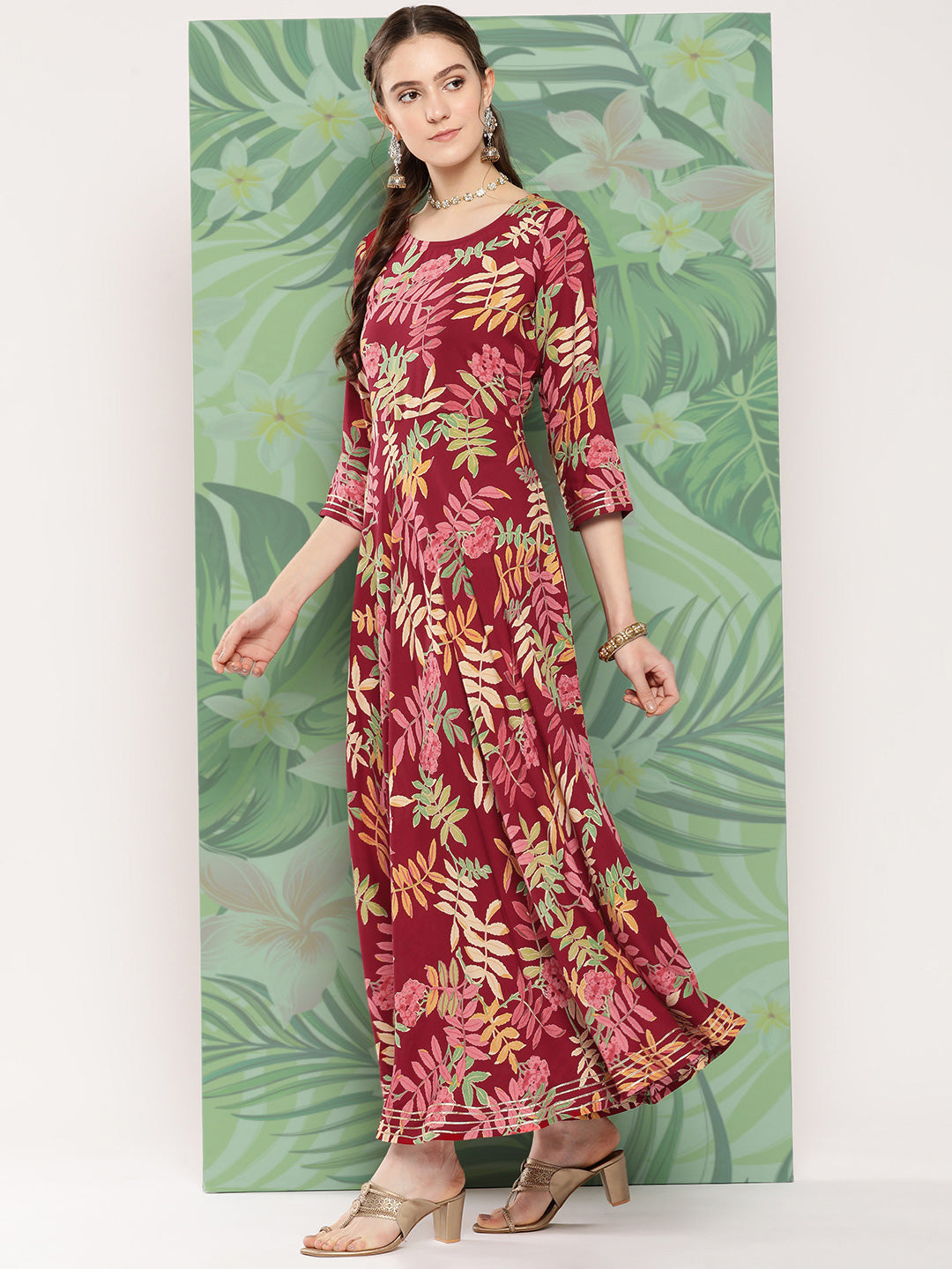 InWeave Women's Red Tropical Print Gota Long Dress - Swadesiicart