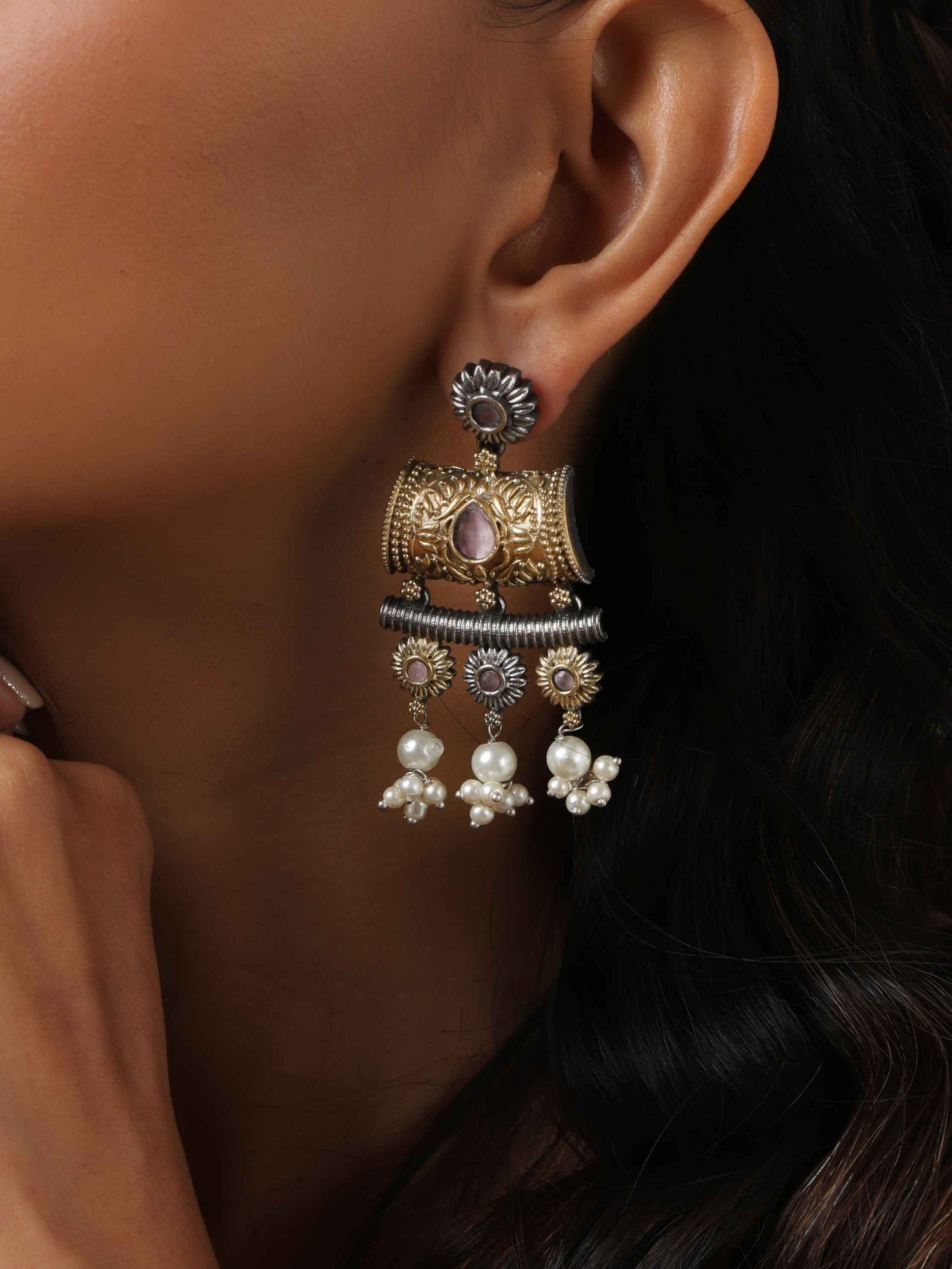 trueBrowns Silver Gold Tone Dangle Earrings - Swadesiicart