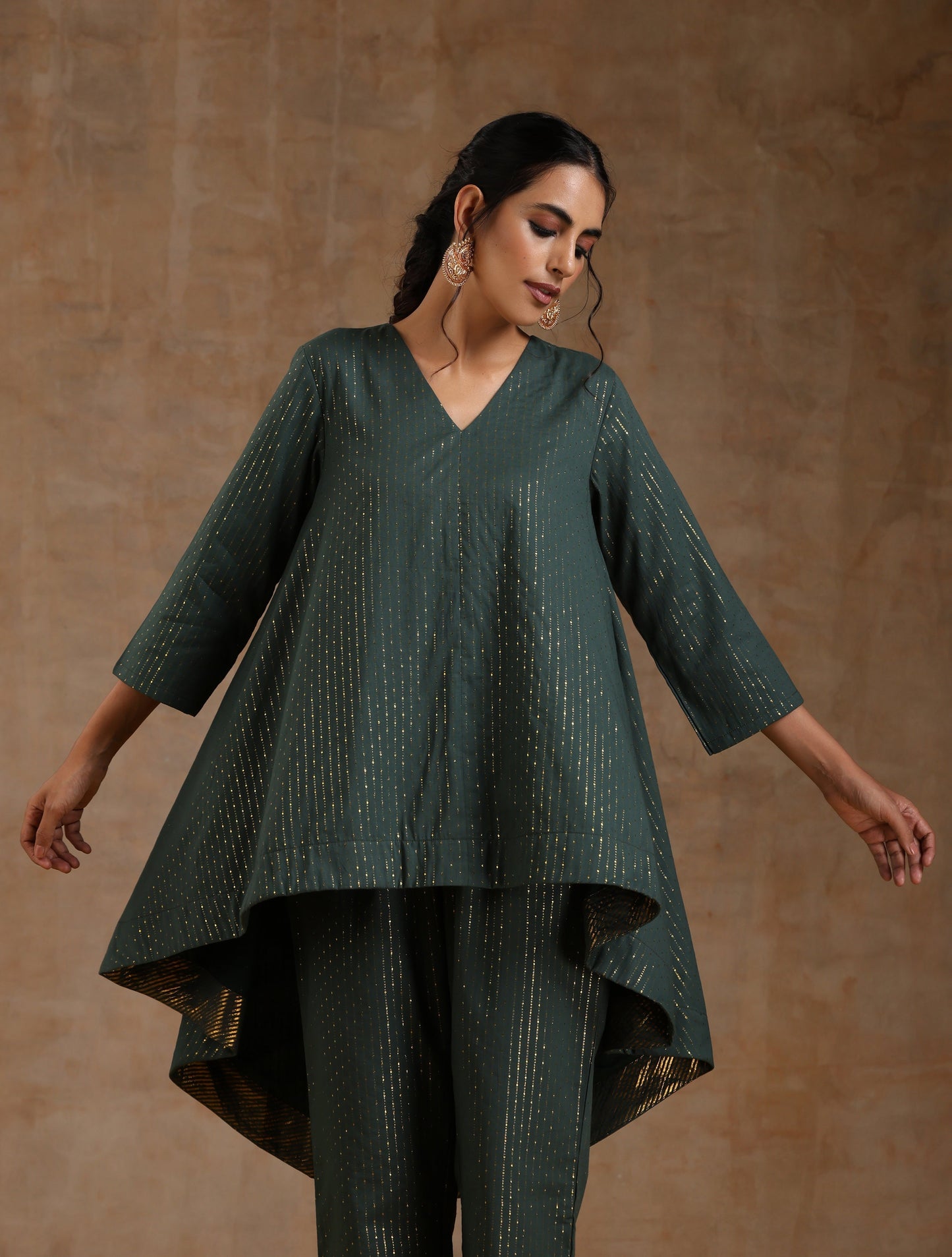 trueBrowns Dark Green Gold Cotton High-Low Co-Ord Set - Swadesiicart