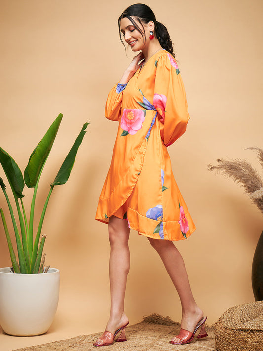InWeave Women's Haldi Yellow Pink Mauve Flower Belted Dress - Swadesiicart