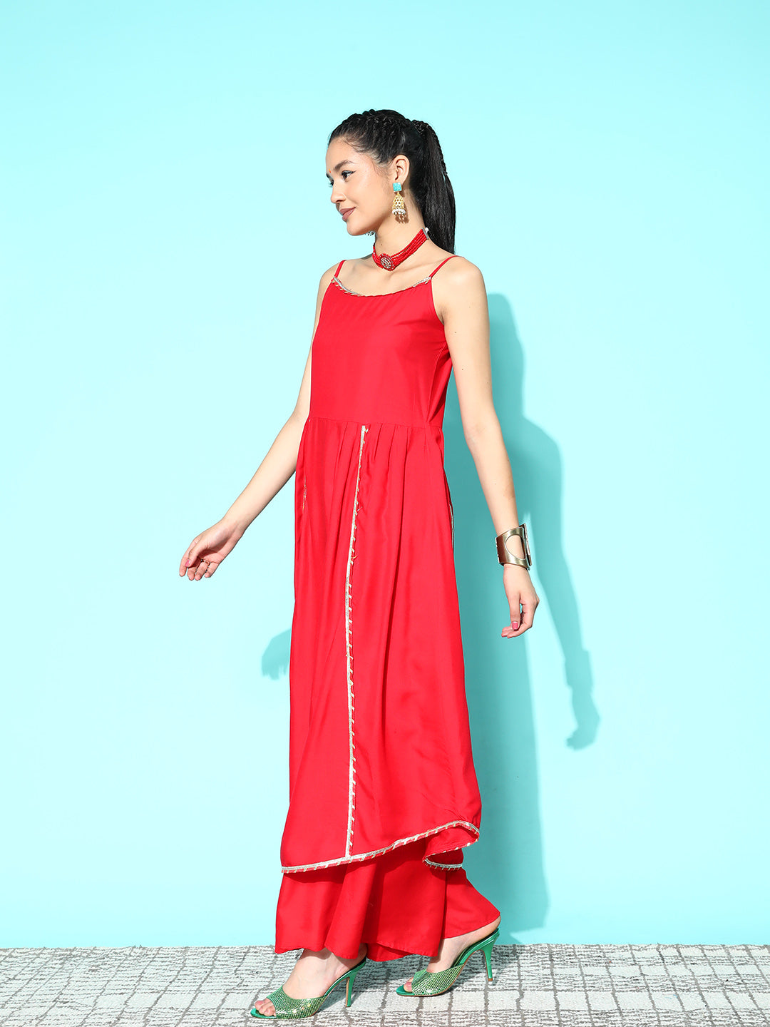 InWeave Women's Red Gota Strappy Set With Multi Foil Muslin Dupatta - Swadesiicart