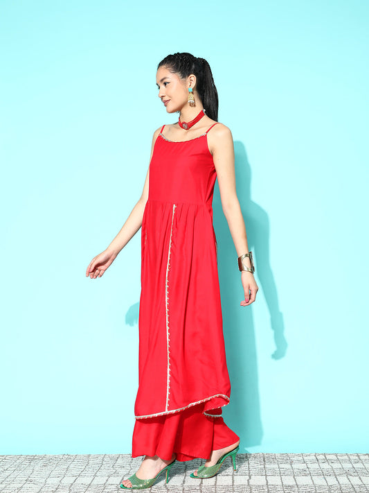 InWeave Women's Red Gota Strappy Set With Multi Foil Muslin Dupatta - Swadesiicart