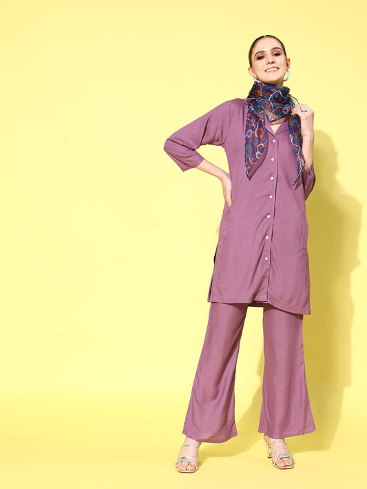 InWeave Women's Mauve Coord Set With Indigo Kalamkari Scarf - Swadesiicart