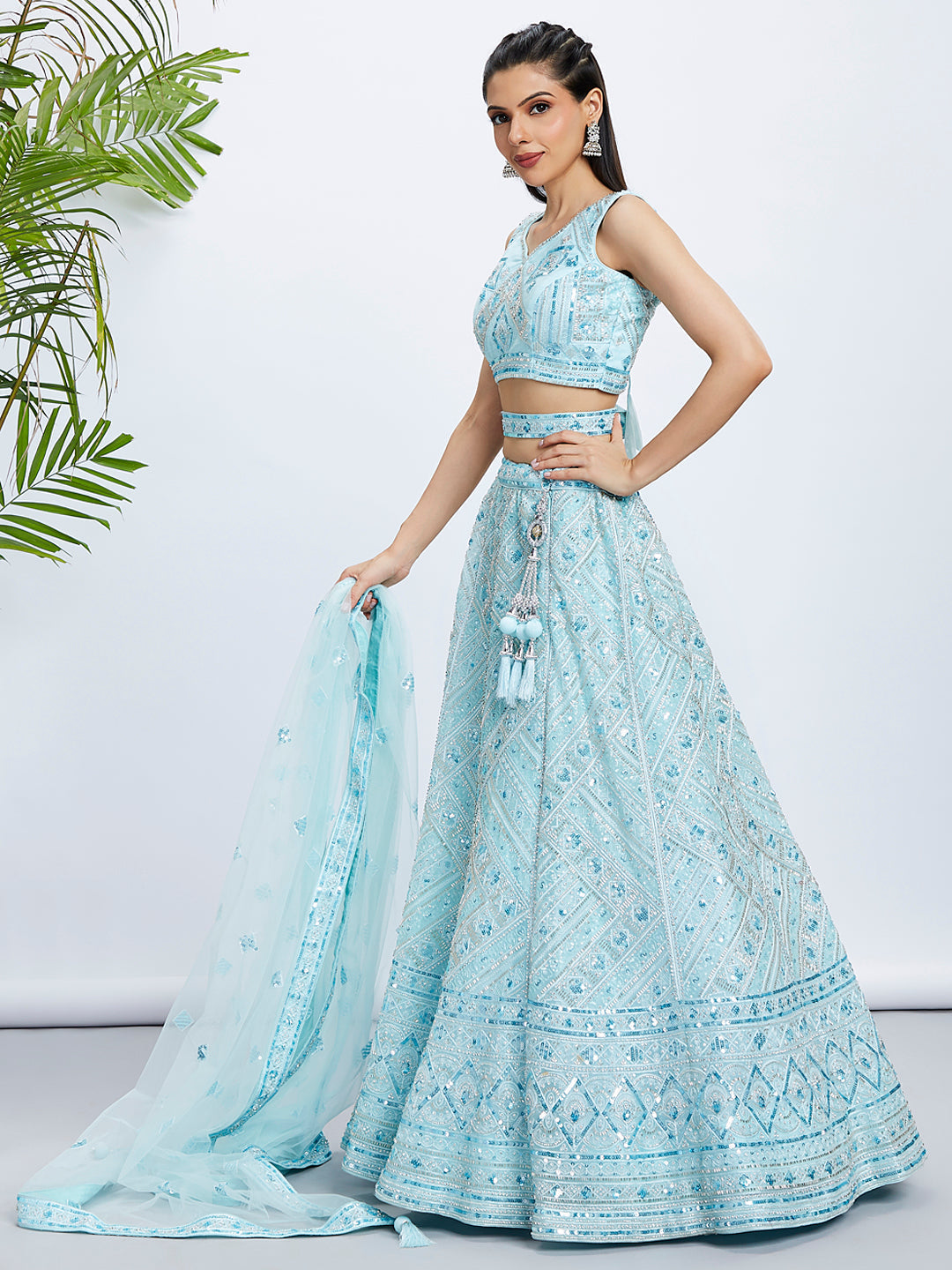 House of Panchhi Burgundy Chiffon Position Print With Sequins Embroidery Lehenga Choli & Dupatta | Swadesiicart