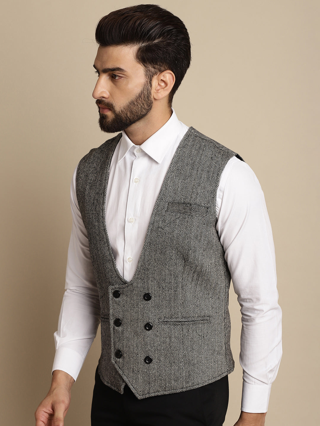 Even Apparels Men's Grey Woolen Double Breast Waistcoat | Swadesiicart