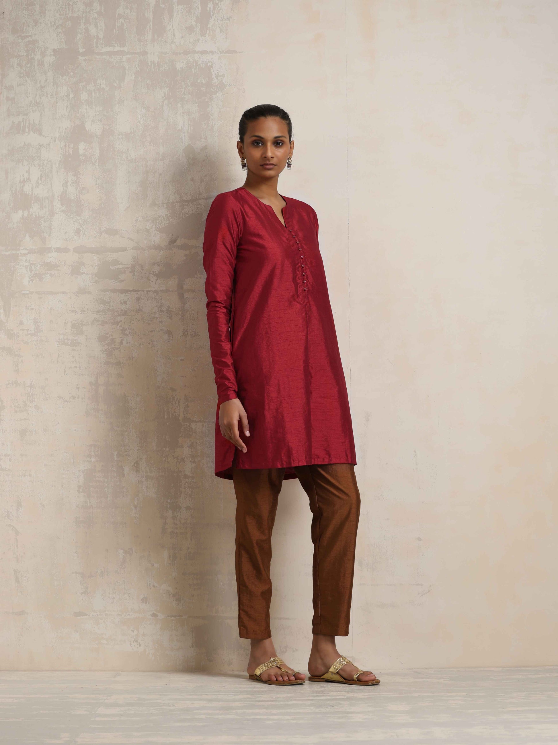 trueBrowns Red Silk Kurta Co-ord Set - Swadesiicart