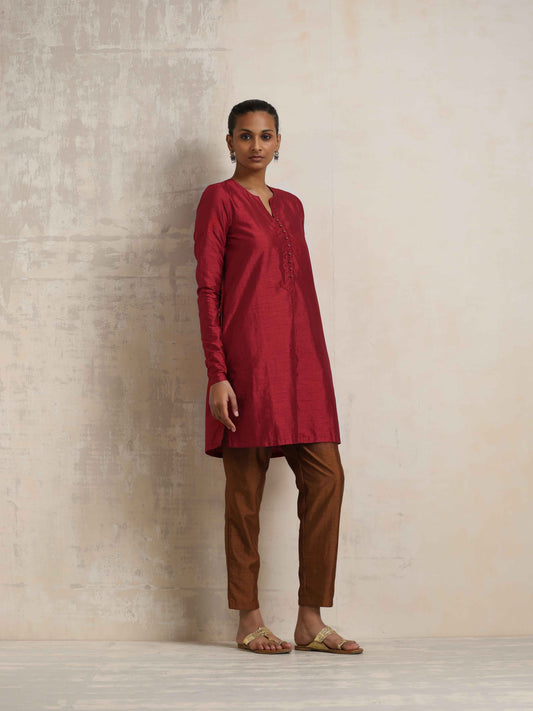 trueBrowns Red Silk Kurta Co-ord Set - Swadesiicart