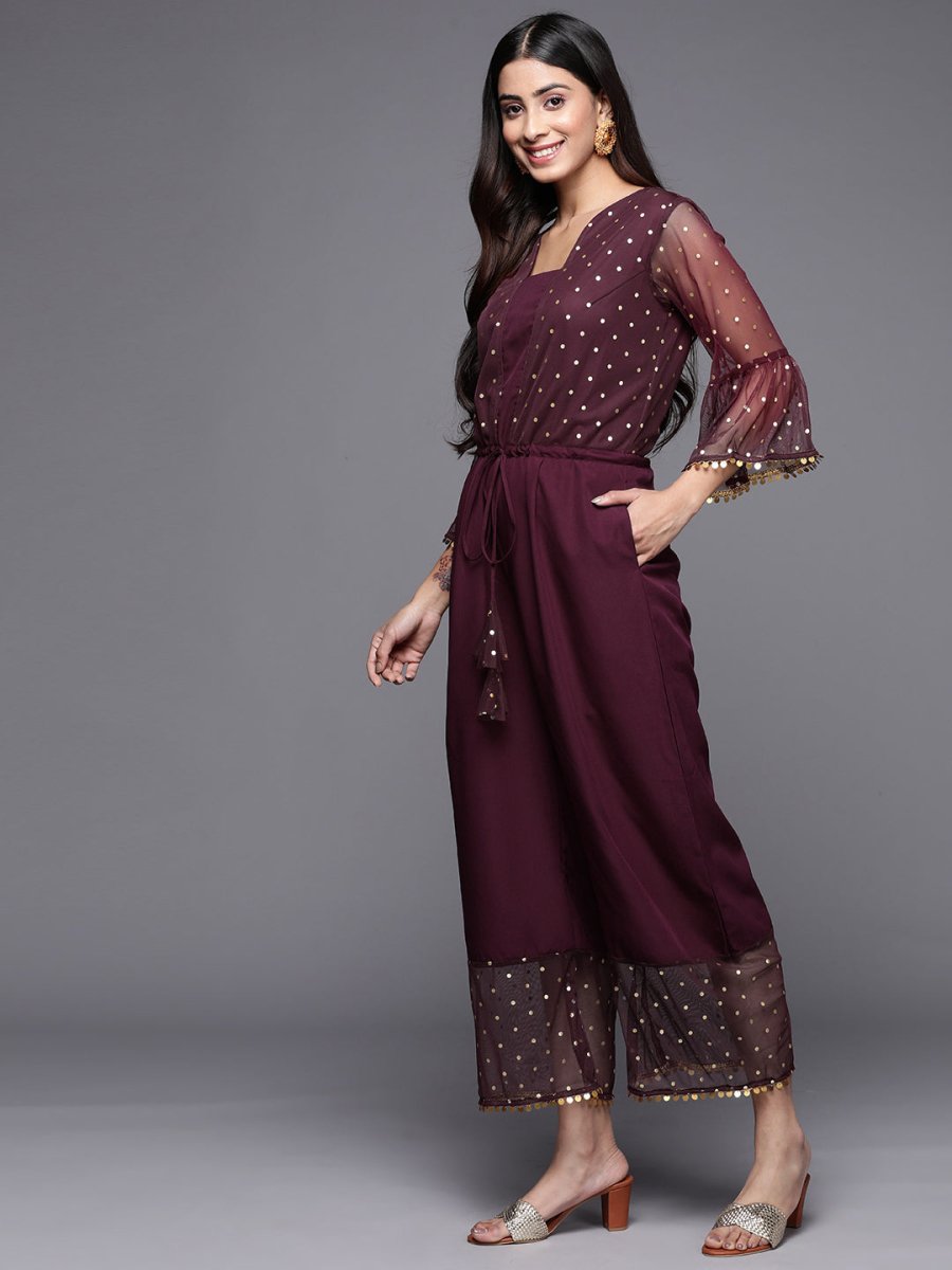 Ahalyaa Printed Bell Sleeves Crepe Basic Jumpsuit With Waist Tie-Ups | Swadesiicart