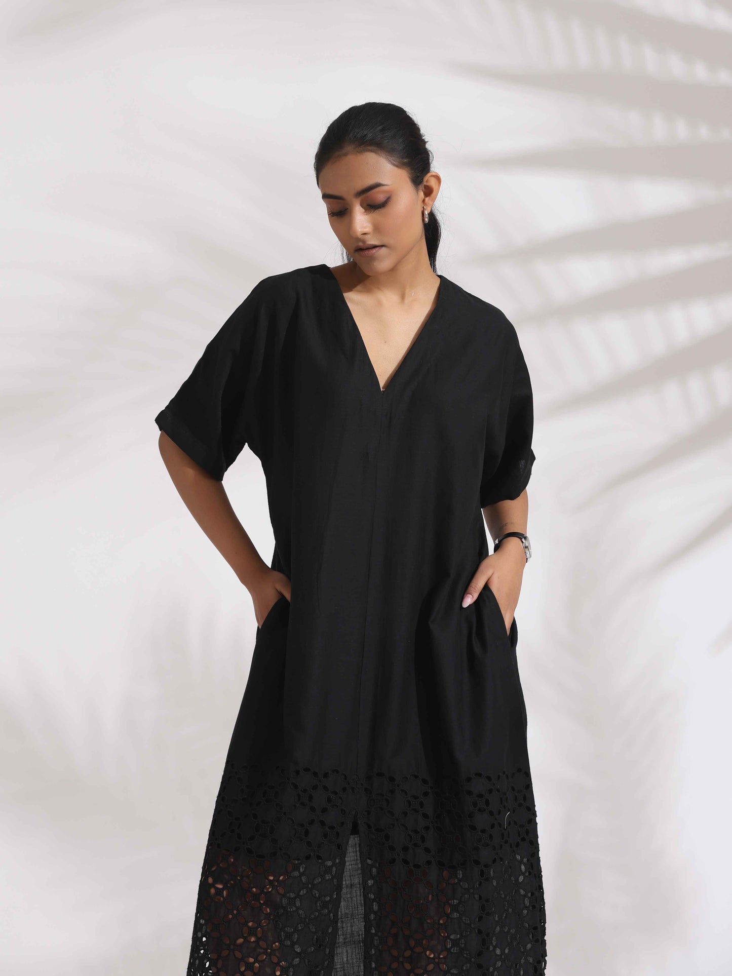 trueBrowns Black Cotton Schiffli Slit Dress | Swadesiicart