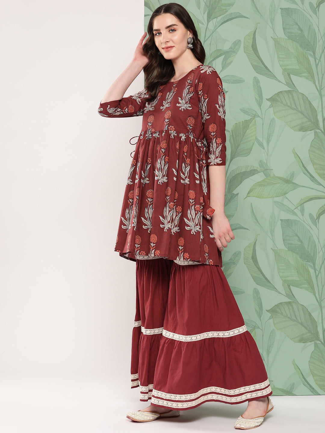 InWeave Women's Brick Rust Boota Sharara Set - Swadesiicart