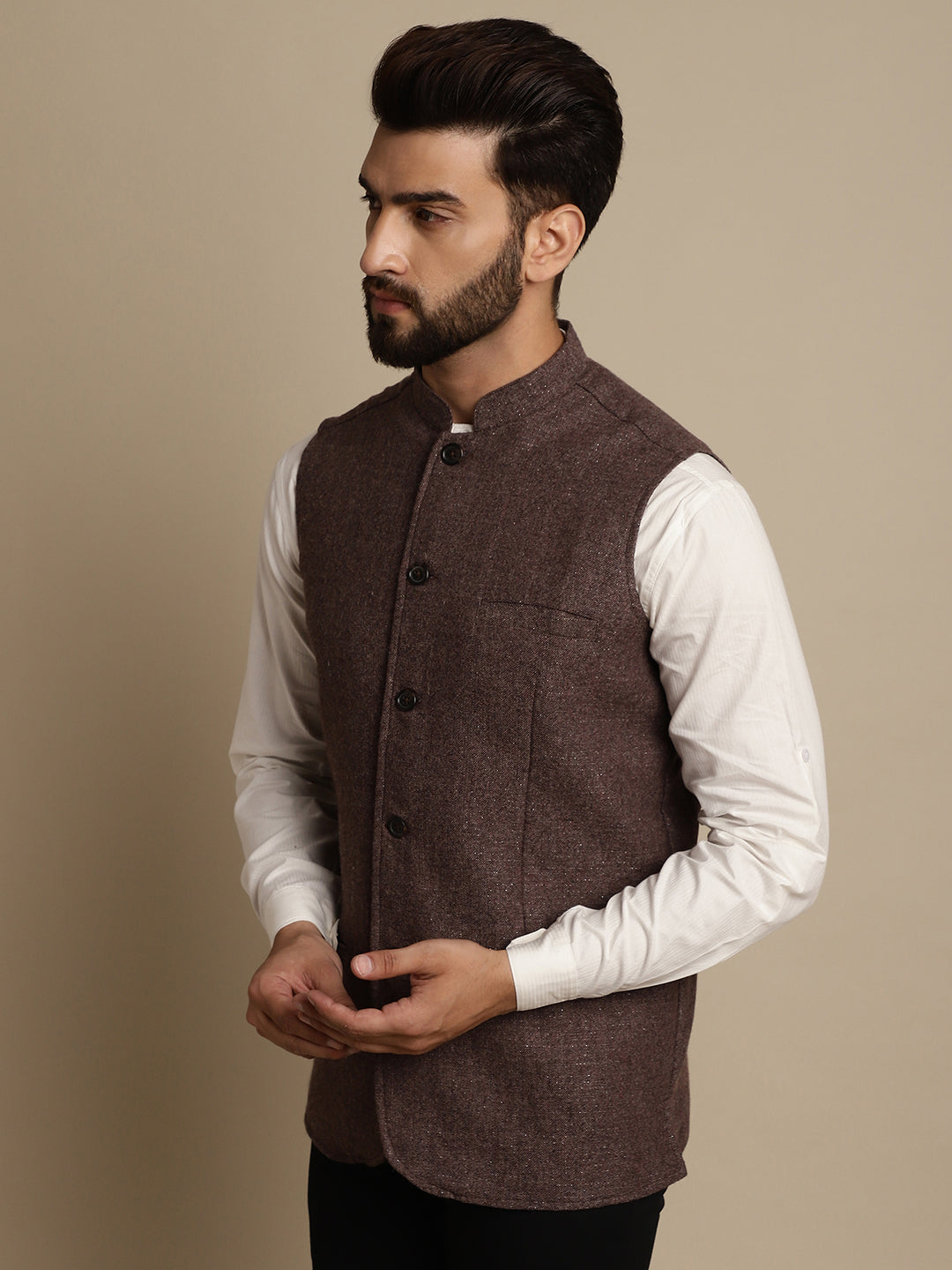 Even Apparels Men's Brown Mandarin Collar Waistcoat | Swadesiicart