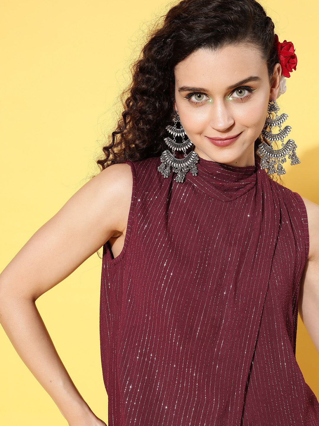 InWeave Women's Maroon Lurex Top With Flared Palazzo - Swadesiicart