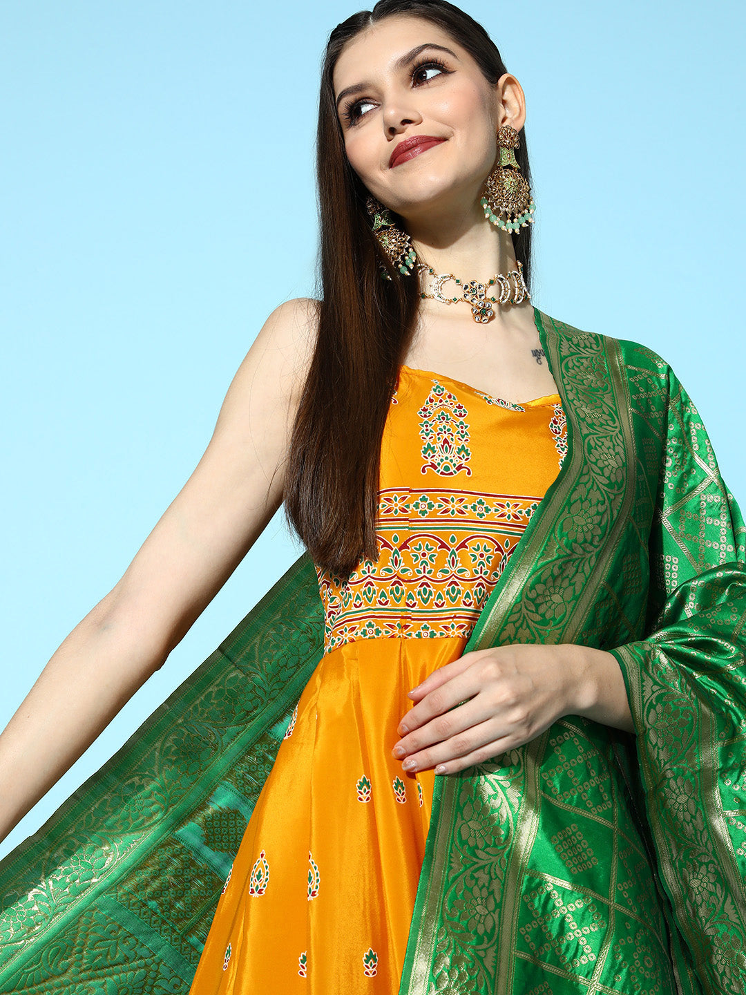 InWeave Women's Mustard Foil Print Strappy With Green Brocade Dupatta - Swadesiicart
