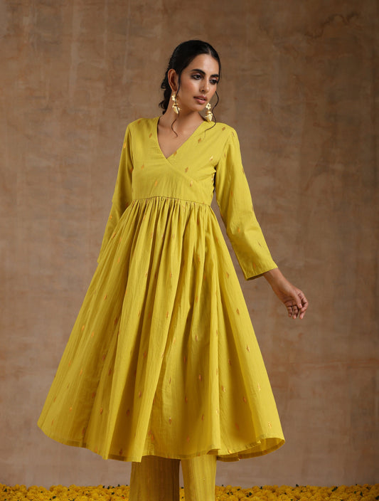 trueBrowns Lime Gold Cotton Kalidar Kurta Set | Swadesiicart