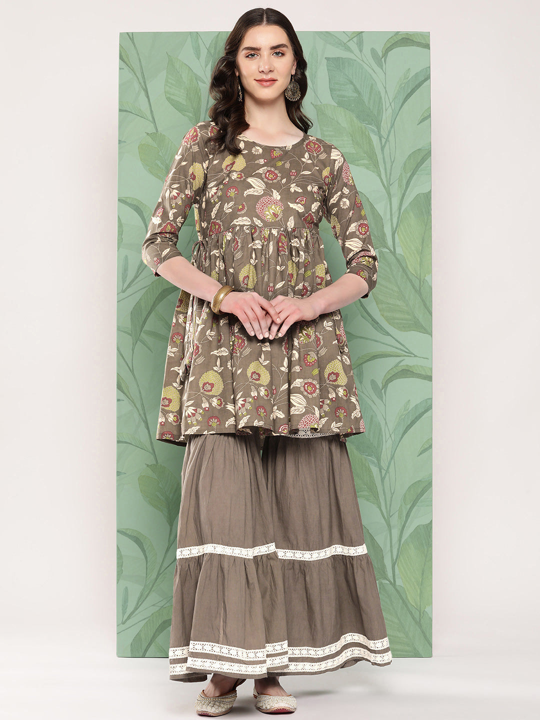 InWeave Women's Olive Shade Tropical Sharara Set - Swadesiicart