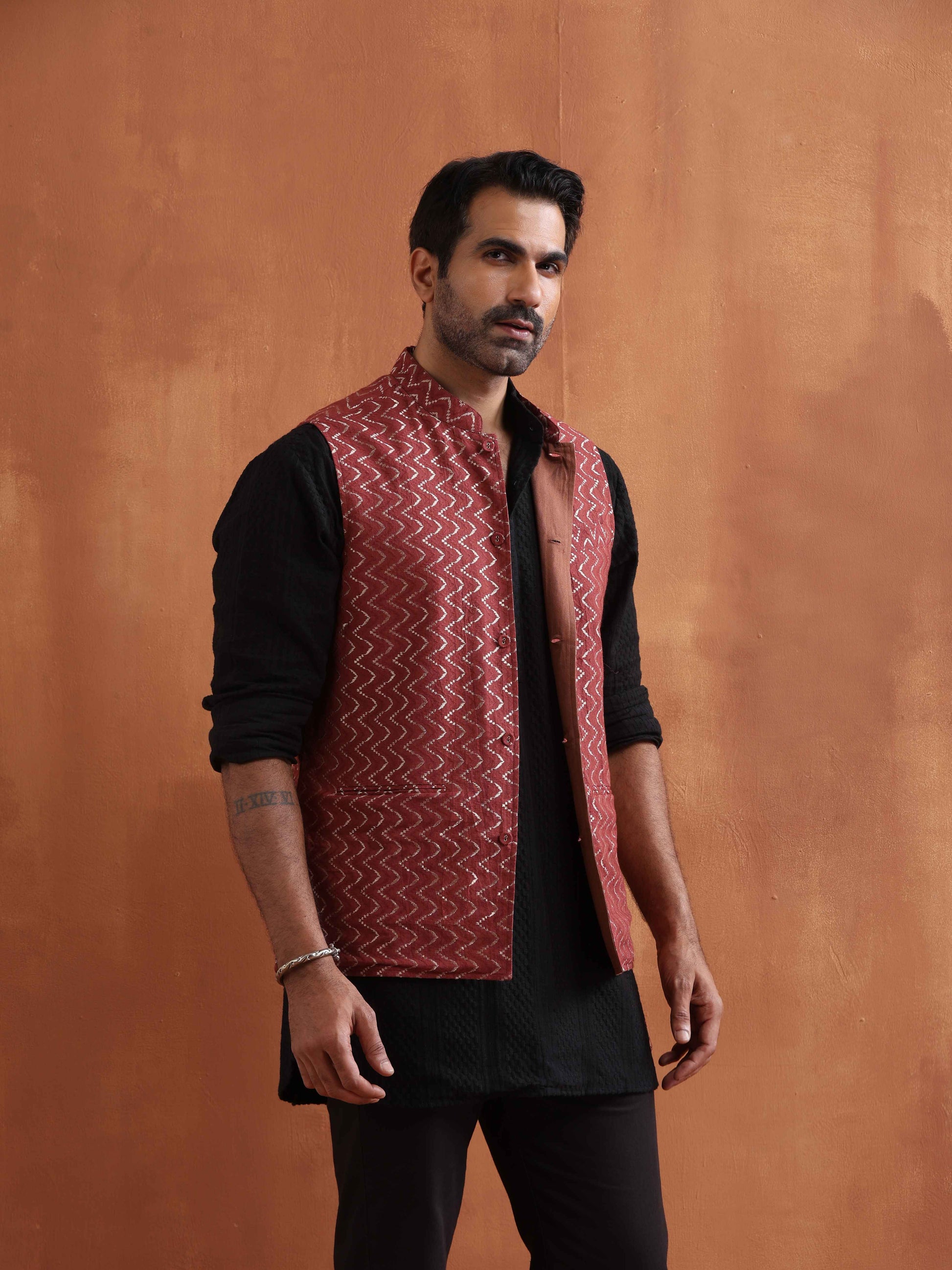 trueBrowns Men's Rust Cotton Dobby Nehru Jacket | Swadesiicart