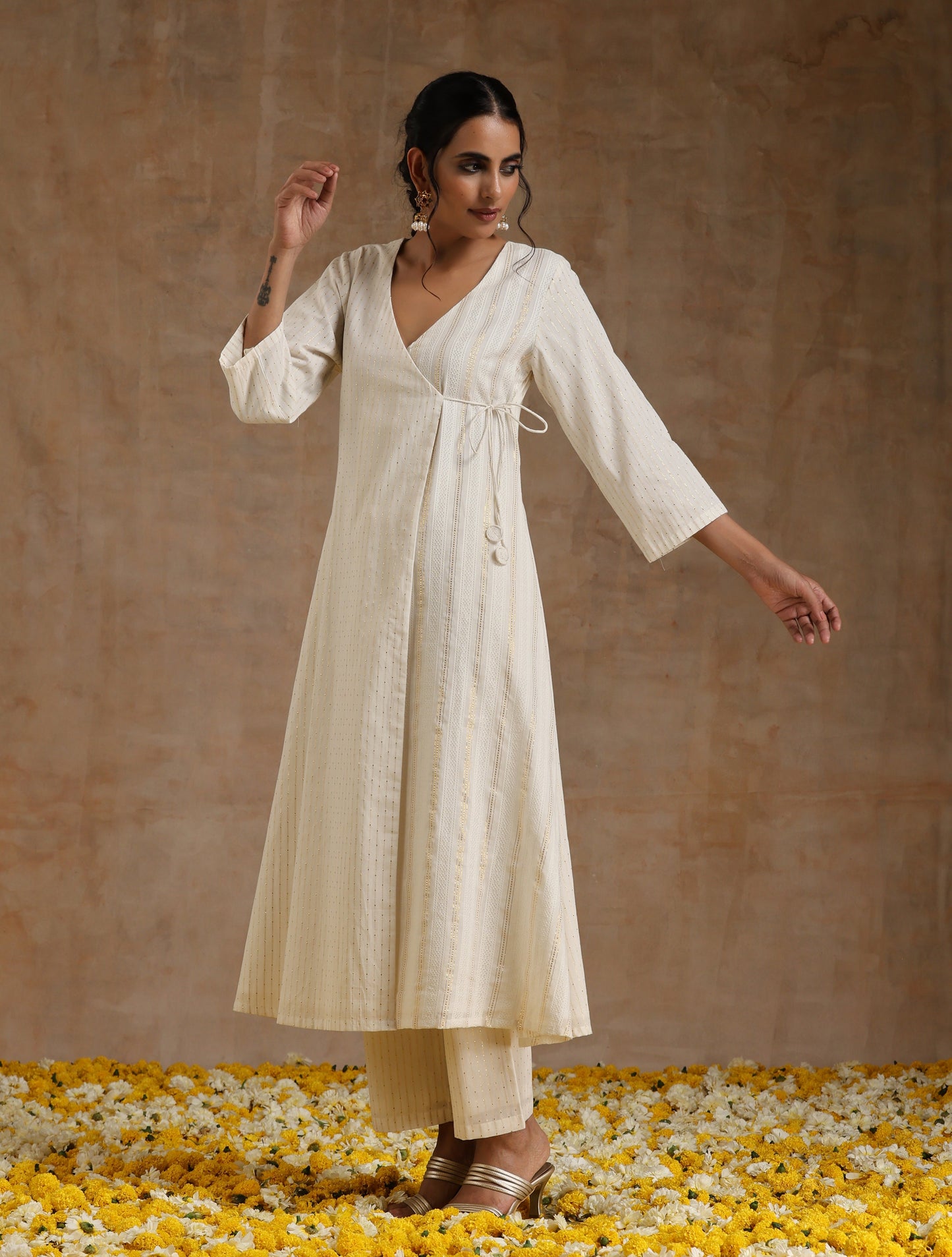 trueBrowns Ivory Gold Cotton Angrakha Kurta Set | Swadesiicart