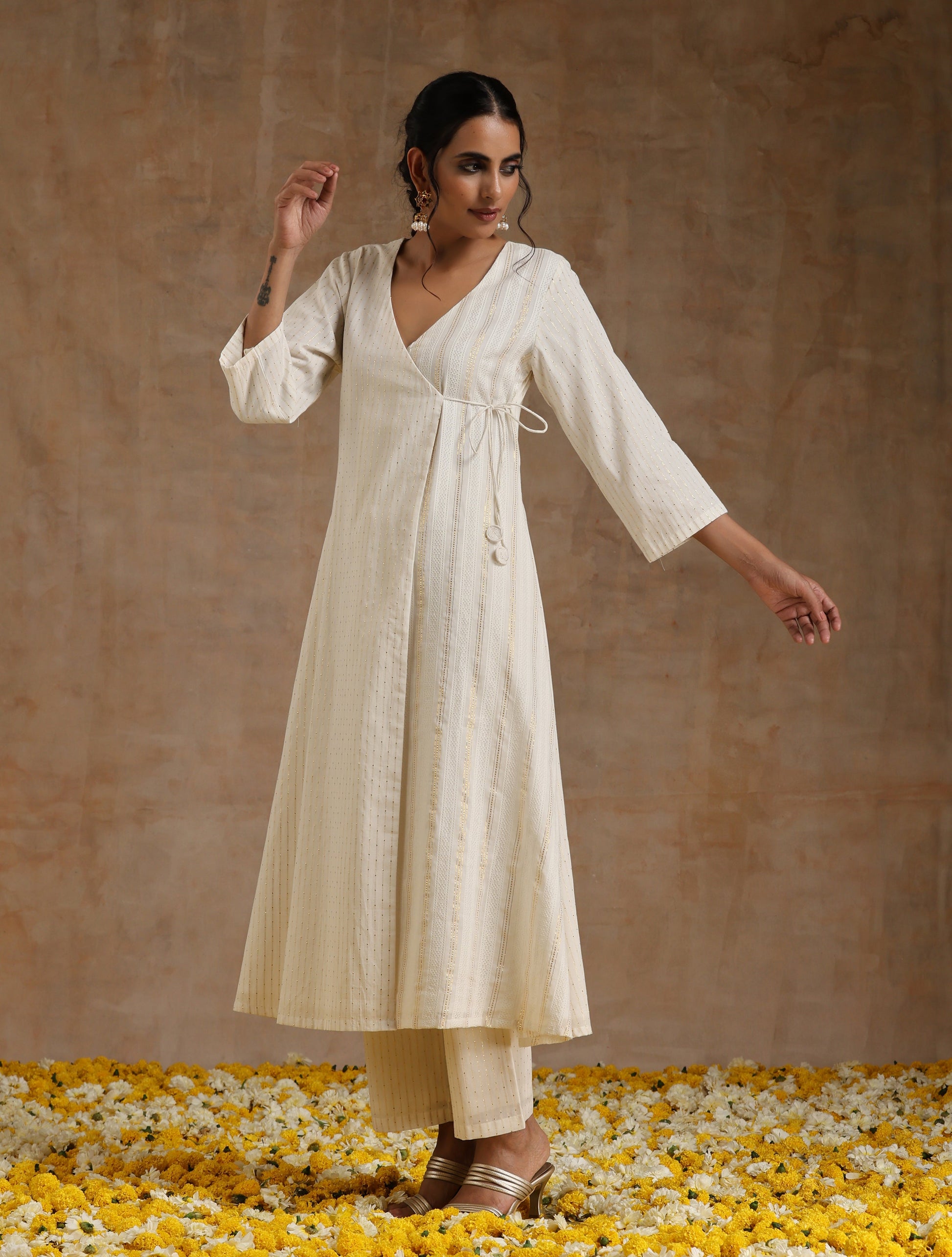 trueBrowns Ivory Gold Cotton Angrakha Kurta Set | Swadesiicart