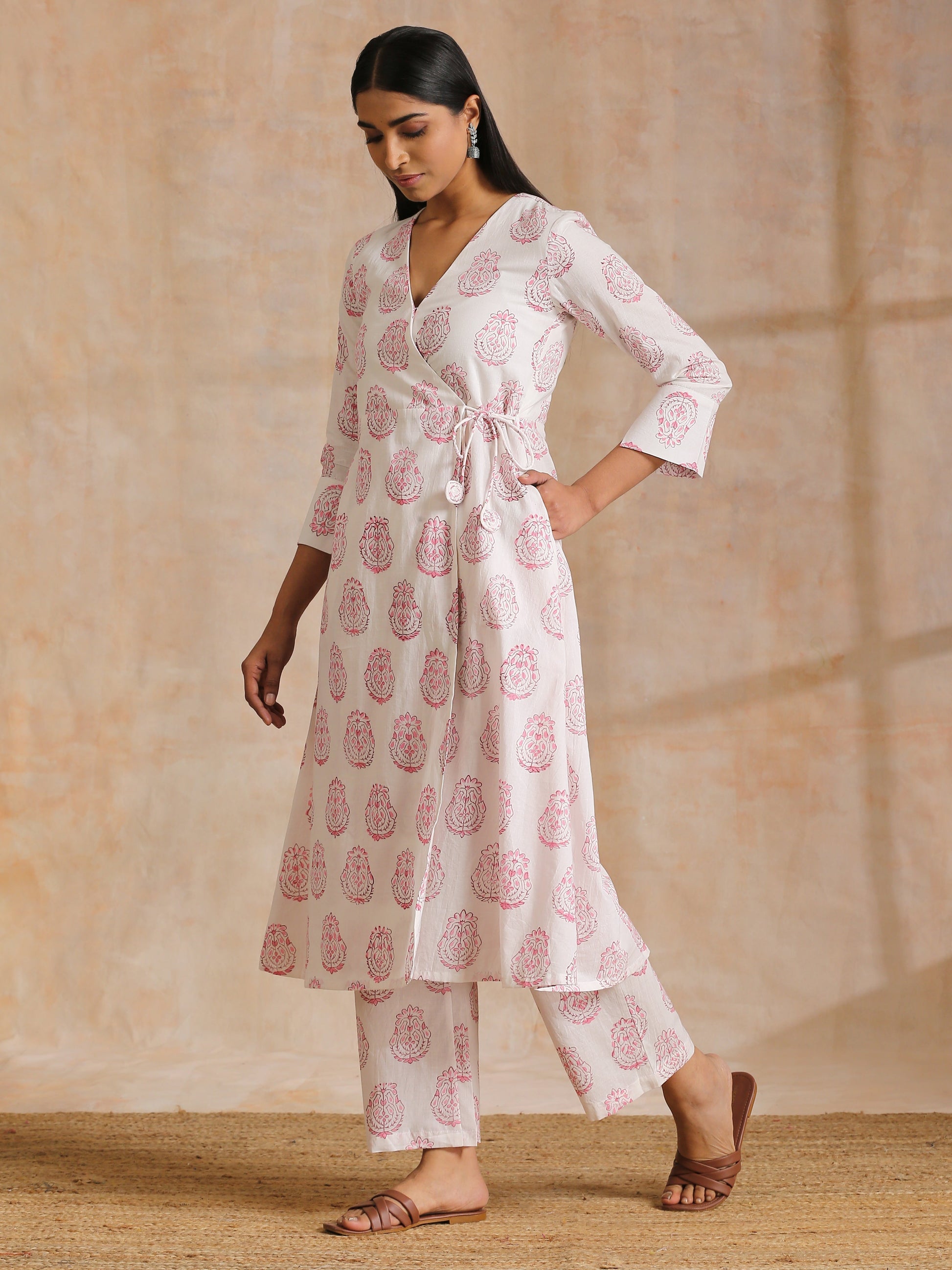 trueBrowns Pink Big Buta On White Print Cotton Angrakha Kurta Pant Set | Swadesiicart
