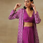 trueBrowns Purple Bandhani Printed Silk Top Skirt Jacket Set | Swadesiicart